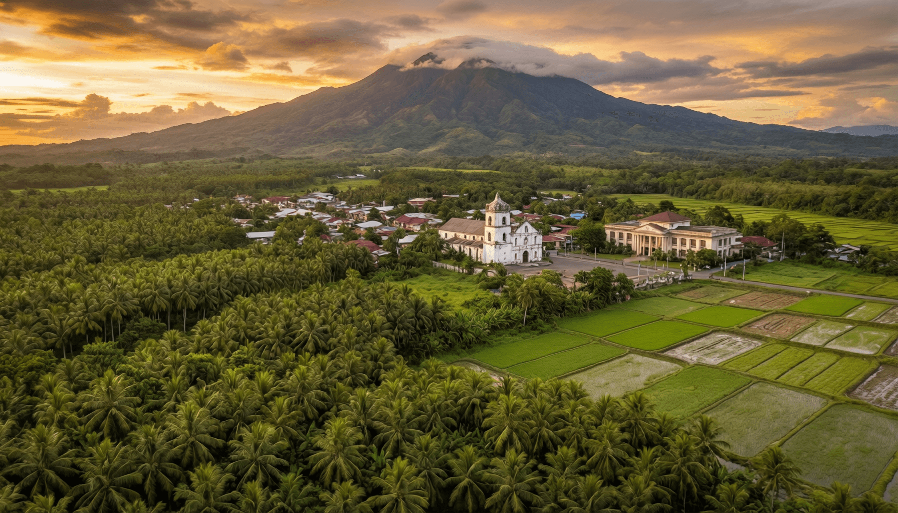 Philippine municipal landscape with Mt. Banahaw at golden hour